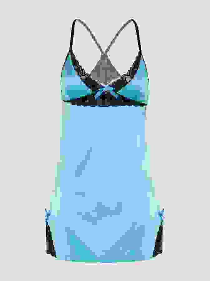 Lovehoney Plus Size Turquoise Satin and Lace Chemise Set, Blue, hi-res